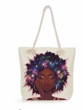 NWT Cream Tote Bag with Starry Afro Artwork - Women Bags